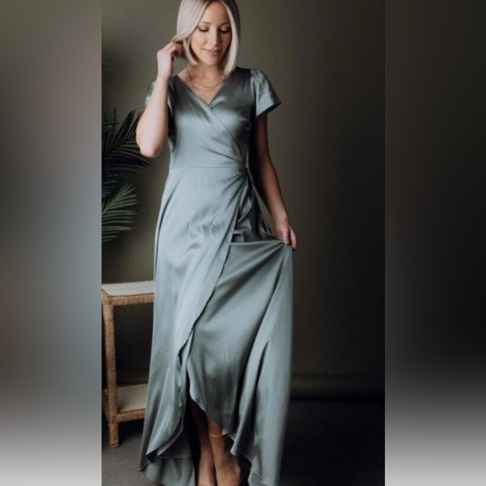 Baltic Born Dress Krystal Sage Green Eucalyptus Wrap Maxi Satin Medium Long NWT